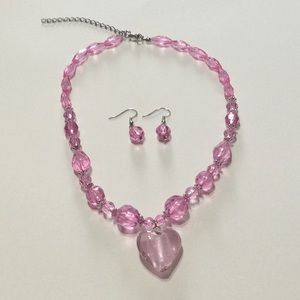 Pink necklace with heart charm and earrings